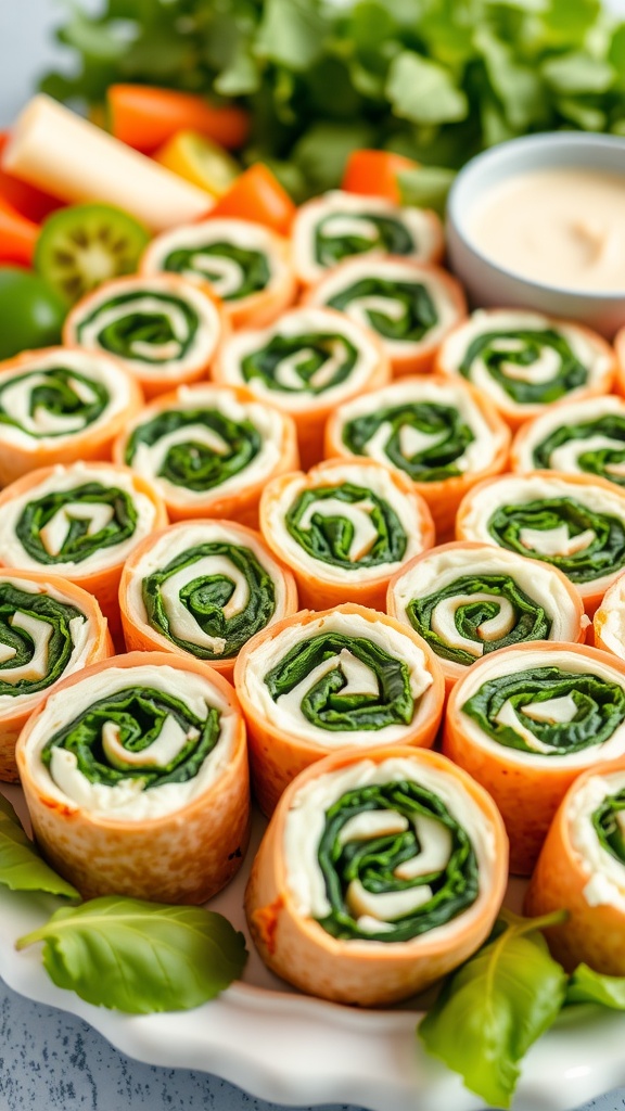Savory cream cheese and spinach pinwheels arranged on a platter, showcasing their creamy filling and vibrant colors.